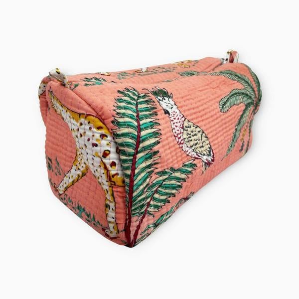Hayley & Co Jungle Print Cotton Washbag, Make Up Bag, Pencil Case with Waterproof Lining - Jungle Animal Print in Peach