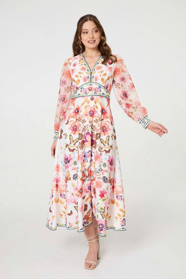 Pink | Border Print Empire Kimono Maxi Dress
