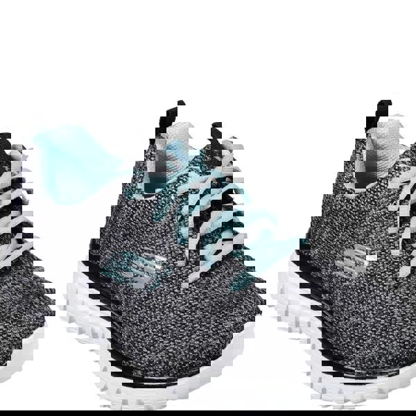 Skechers Gracefull Twisted Fortune Womens Casual Walking Trainers, black and grey knitted fabric athletic shoe with light blue laces and interior, white sole with black accents.