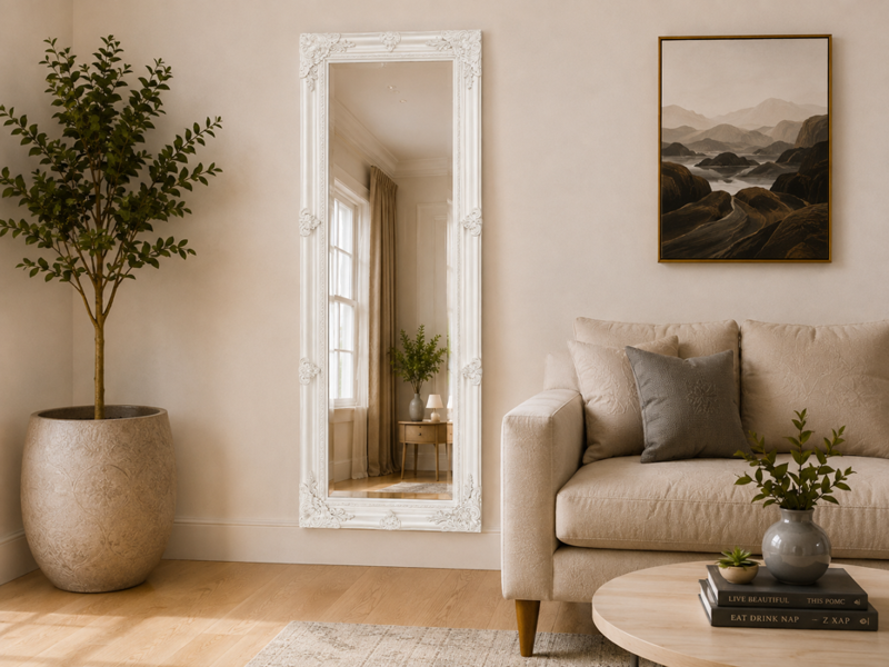 Downton Interiors Antique Style Plain White Tall Ornate Dressing Wall Mirror with Bevelled Glass 142cm