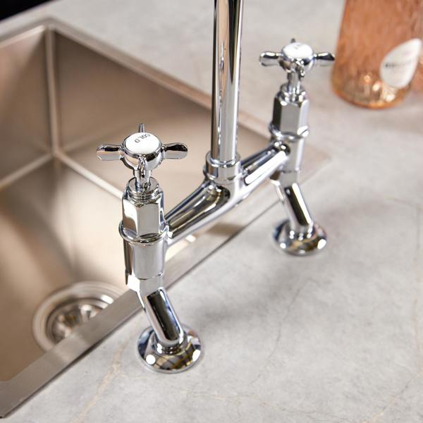 Flode Larvik | Kitchen Crosshead Bridge Mixer Tap | Polished Chrome Finish