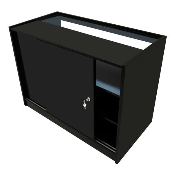 Black Europa LED shop counter set featuring sleek design, sliding door, and open shelving for storage and display