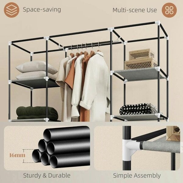 Clothes Storage Organiser with Hanging Rail, Shelves, Portable Wardrobe, Foldable Fabric Wardrobe, Light Grey