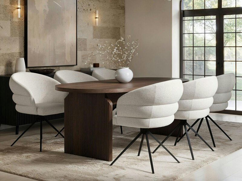 SOLACE+CO Varm Wooden Ribbed Dining Table with 4 Eira Chairs Set - Walnut - 6