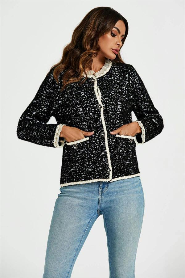 FS Collection Lace Trim Boucle Jacket In Black