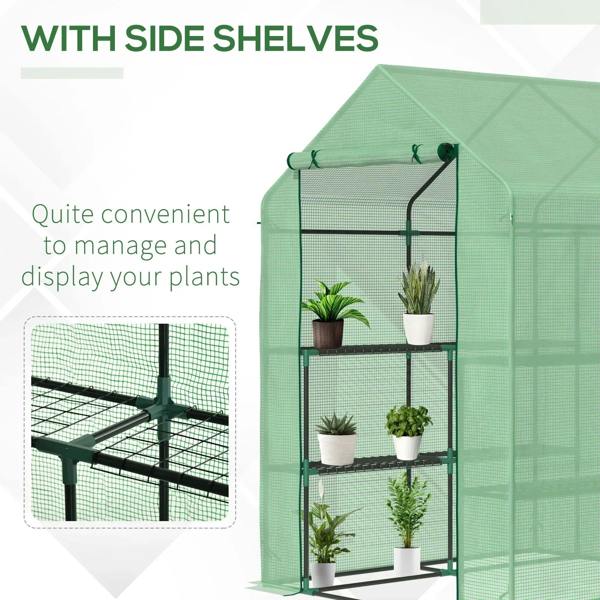 Green PE greenhouse with side shelves and potted plants inside