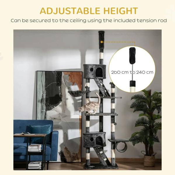 Adjustable dark grey cat tree tower secured with ceiling tension rod and platforms