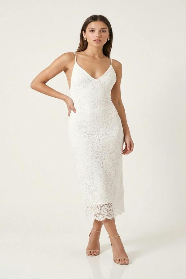 Viviana Strappy Floral Lace Midi Dress - White