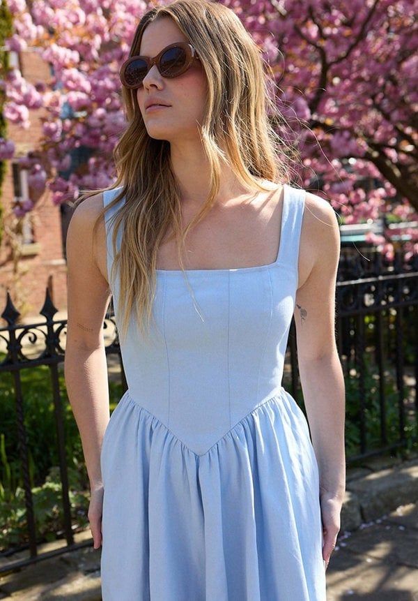 model wearing Hayley Corset Inspired Midi Dress In Light Blue - image 3