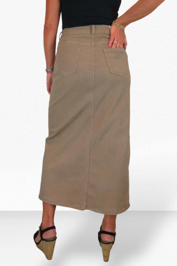 Paulo Due Women's Front Split Maxi Skirt Stretch Twill