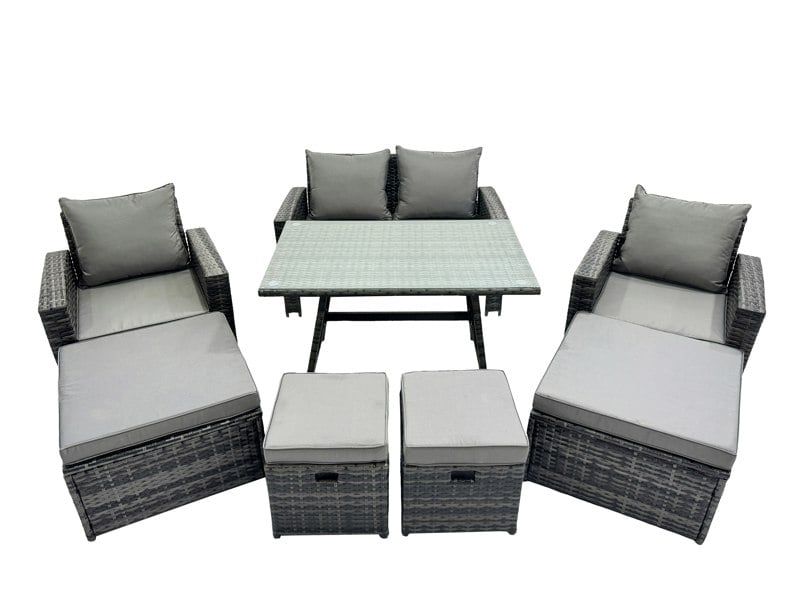 Fimous 8 Seater Rattan Furniture Set with Dining Table, Sofa, 2 Chairs & 4 Stools - Dark Grey