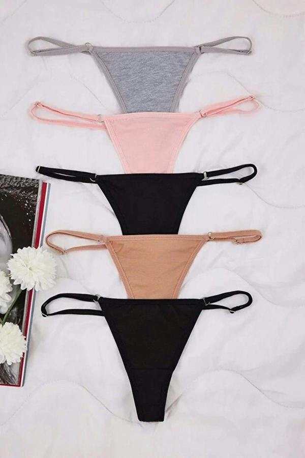 WOVCOR 5-Pack Adjustable Waist Cotton Thong Knitted Panties