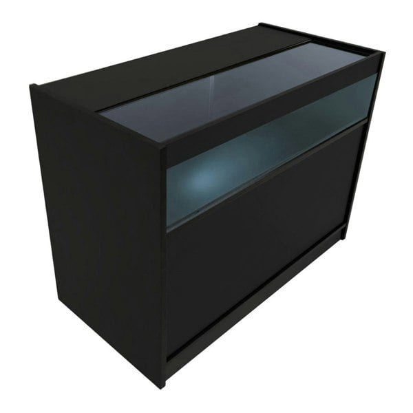 Black LED retail shop counter B1200 with glass display top, sleek design, modern finish, ideal for showcasing products