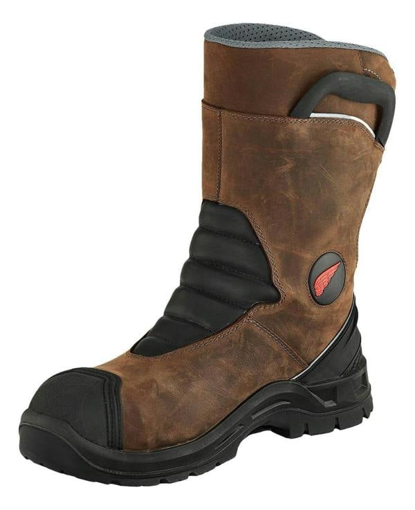 Red Wing Shoes Red Wing Petroking 3221 Men's Leather Tall High Safety Rigger Boots, rugged brown leather safety work boots with black protective toe cap and cushioned ankle support.
