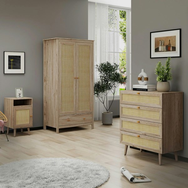Swish Furniture Willow Rattan 3 Piece Bedroom Set with 2 Door Wardrobe, Bedside Table & Chest of 4 Drawers