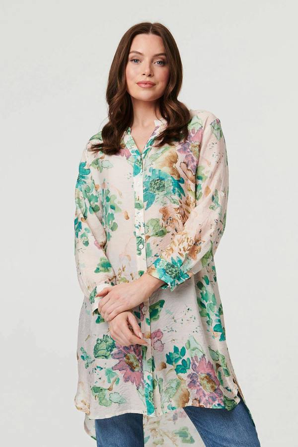Green | Floral Long Sleeve Longline Floaty Shirt