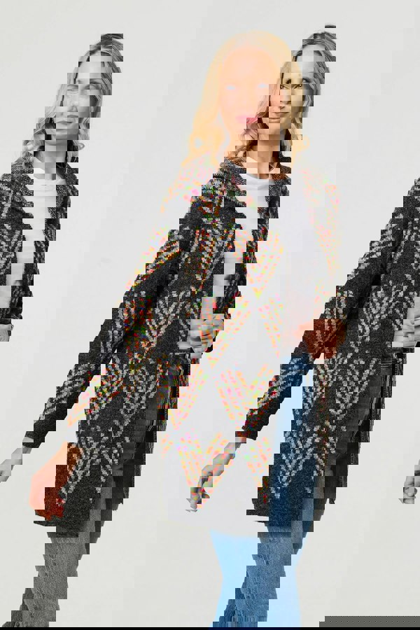 Grey | Abstract Print Longline Knitted Jacket
