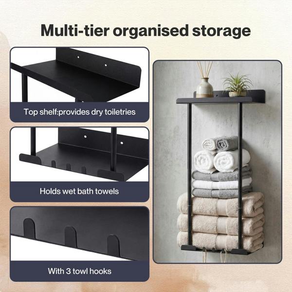 Levede Towel Rack Adjustable No Drilling Towel Holder Storage Wall Mounted Black