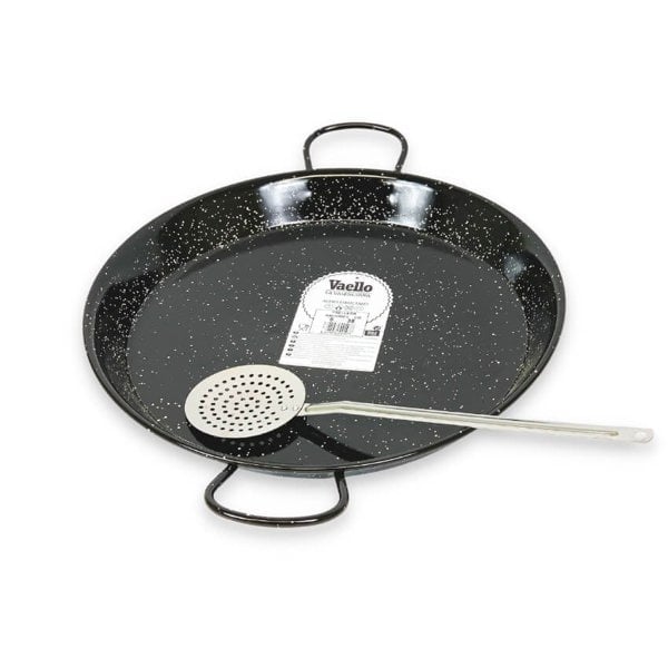 Vaello Enamelled Paella Pan - 38cm & Stainless Steel Paella Skimmer