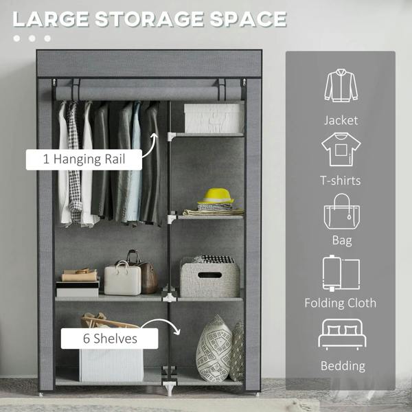 Dark grey fabric wardrobe interior with hanging rail and multiple shelves for storage.