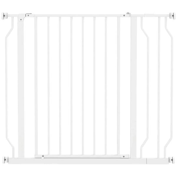 White pet safety gate with vertical bars and pressure-mount brackets