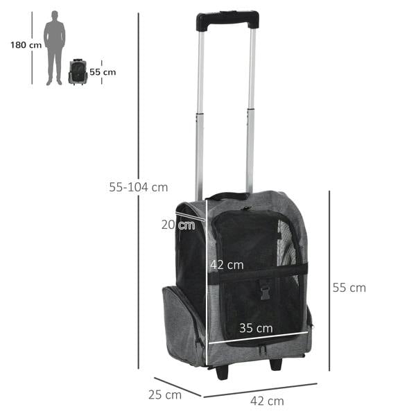 Grey rolling pet carrier backpack with telescopic handle and four small wheels