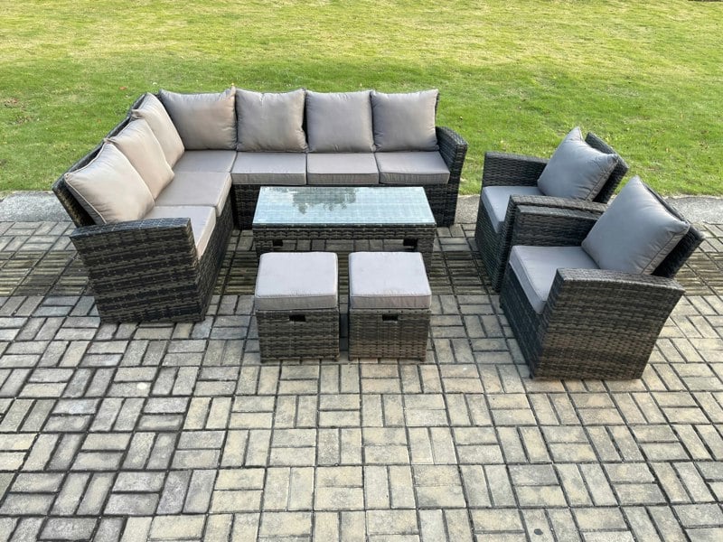 Fimous 10 Seat Rattan Garden Furniture Corner Sofa Set Outdoor Patio Sofa Chair Table Set with 2 Small Footstools Dark Grey Mixed