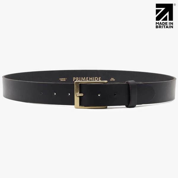 Full length view of black full-grain leather belt 35mm — Made in Britain — PRIMEHIDE