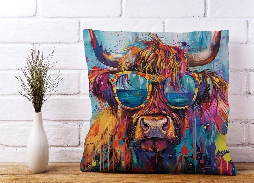 Warren Reed Splashart Highland Cow With Glasses Cushions