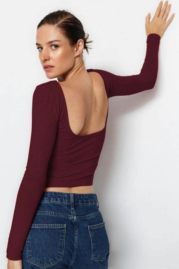Hoxton Gal Cotton Stretch Fitted Knit Blouse with Open Back Detail