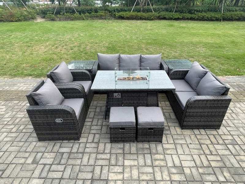 Fimous Rattan Outdoor Garden Furniture Set with Gas Fire Pit Table, 2 Sofas, 2 Chairs, 2 Side Tables, 2 Small Footstools - 9 Seater - Dark Grey