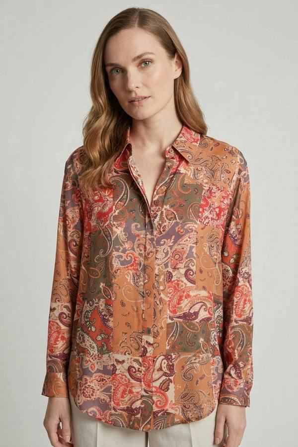 Orange | Paisley Patchwork Long Sleeve Shirt
