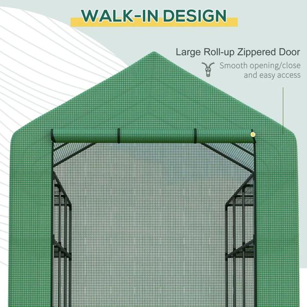 Dark green walk-in greenhouse with roll-up zipped door and top frame, large opening