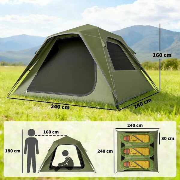 Pop Up Tent 3000mm Waterproof Camping Tents with Mesh Windows 2-3 People Green