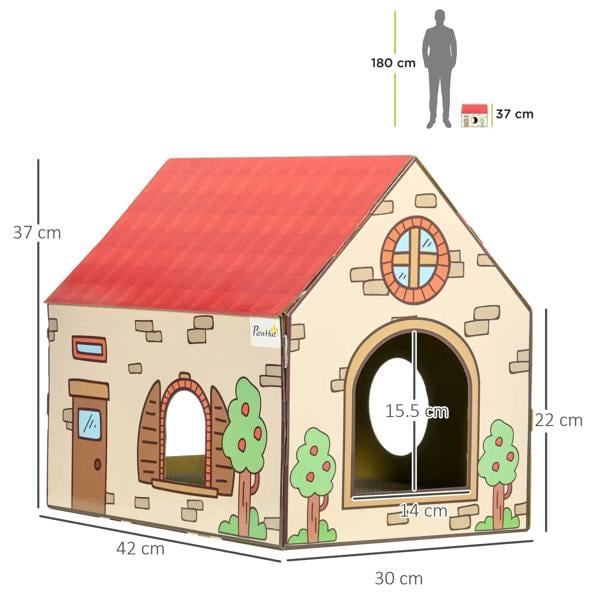 Cardboard cat house with red roof, front doorway, and arched window cutout