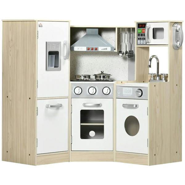 White and light wood kids kitchen playset with stove, sink, and microwave compartments