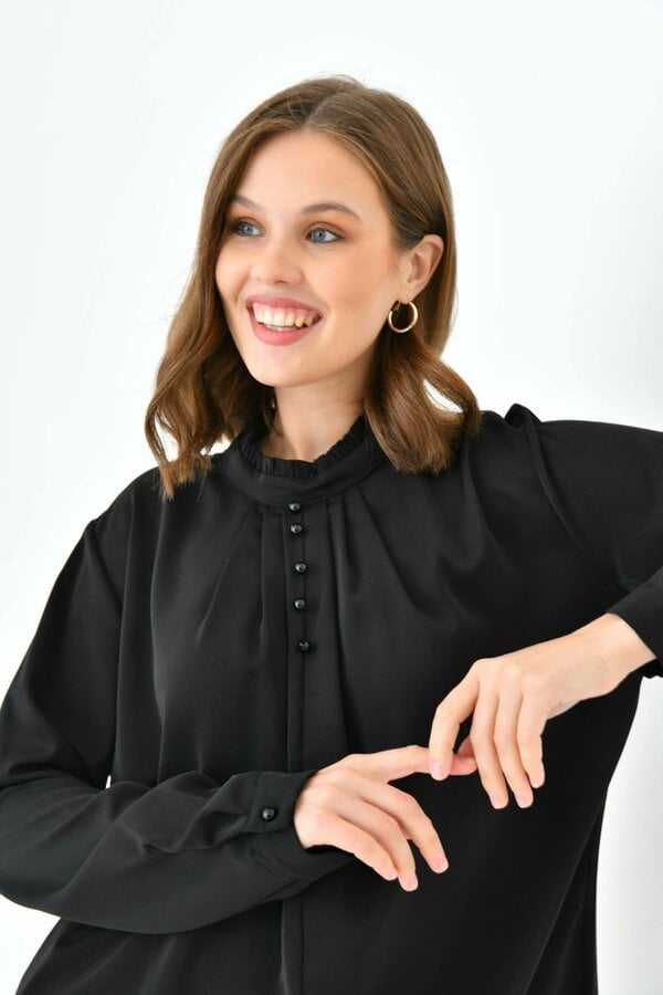 Hoxton Gal Oversized Long Sleeve Button Detailed Tunic Top in Black