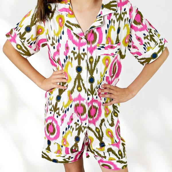 Hayley & Co Ikat Print 100% Cotton Short Pyjama Set in White and Print