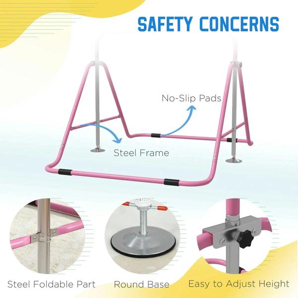 Pink kids gymnastic bar with steel frame, round base feet, and no-slip pads