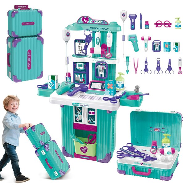 deAO Toys Interactive Doctor Playset with Medical Trolley Cart Pretend Medical Tool Box Play Toy