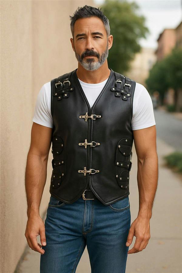 Infinity Leather Men’s Black Biker Leather Waistcoat Metal Buckles Vest - Coolgardie