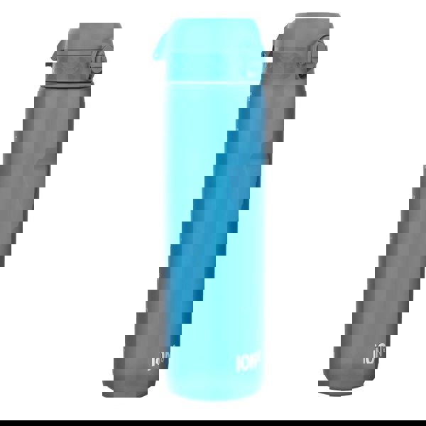 A blue ION8 water bottle stands upright against a white background. The bottle displays fluid ounce measurements.