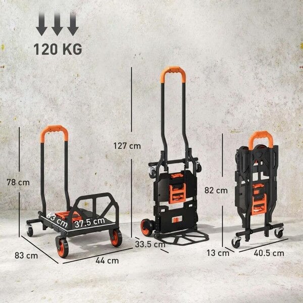Bobobiy Steel 2-in-1 Folding Hand Truck on Wheels, Foldable Trolley with Foldable Base, 120kg, Black and Orange