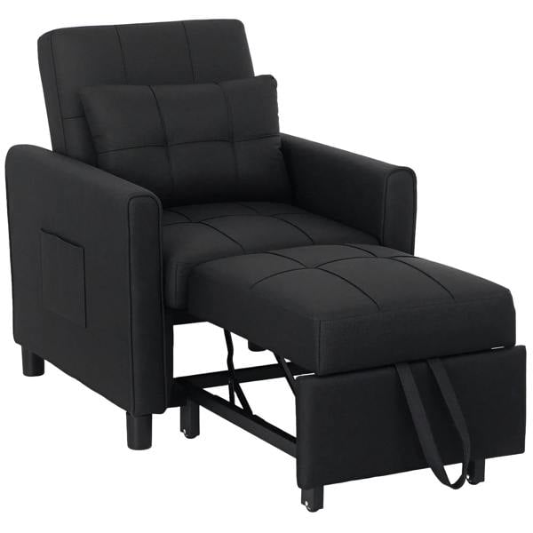 Black linen-look single chair bed with padded arms, tufted back, and extendable footrest frame
