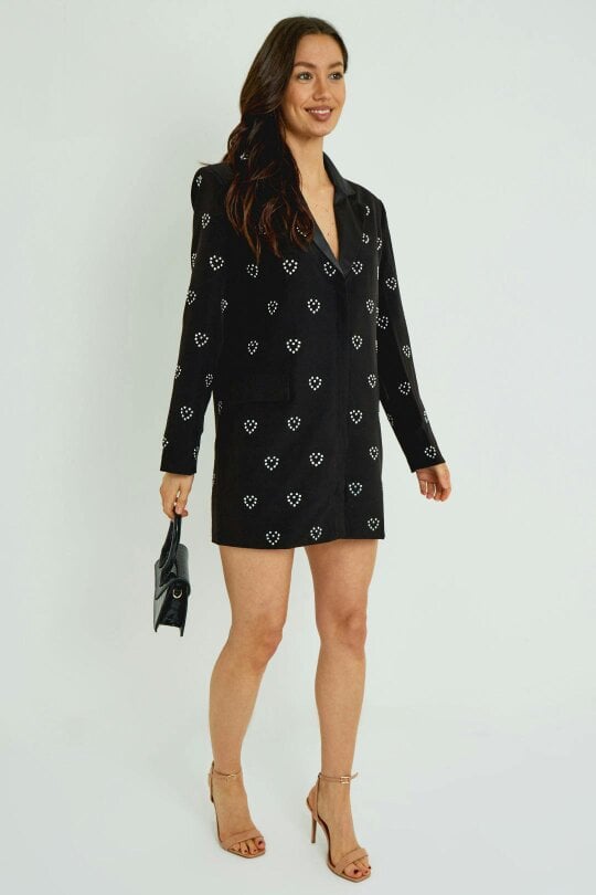 Black Heart Sequin Blazer Dress – Zip Front Structured Mini