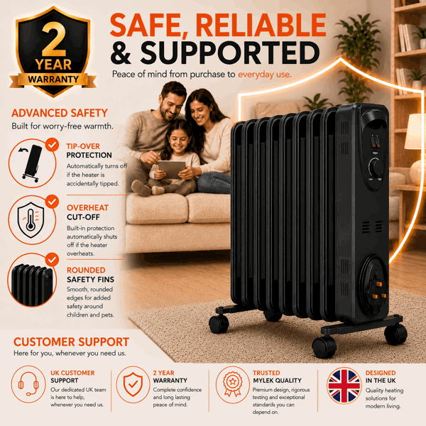MYLEK Oil Filled Radiator 2000W Portable Heater Thermostat 3 Heat Settings Grey