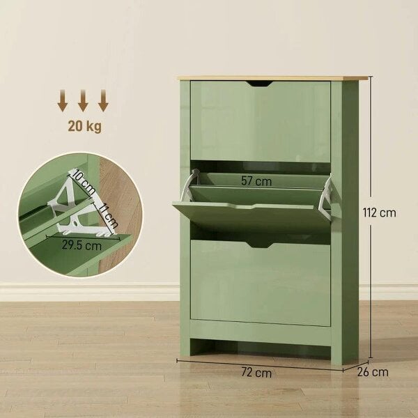 Slim Shoe Cabinet, Narrow Shoe Cupboard with 3 Flip Drawers, Adjustable Shelves for 18 Pairs of Shoes, High Gloss Green