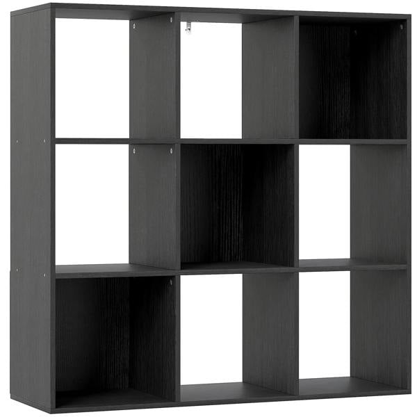 Black 9-cube storage shelf with open square compartments, front view