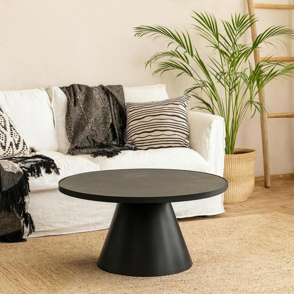 Wyld Haus Hamburg Round Black Ceramic Coffee Table Steel Pillar Base