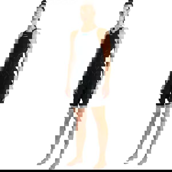 Sleek black and teal Arena Powerskin Impulso Open Back neoprene swimsuit